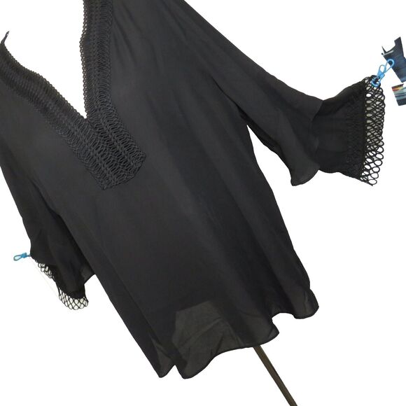 Sioni Black Georgette Flowy Crochet Trimmed V Neck Blouse Size XL - Picture 4 of 7